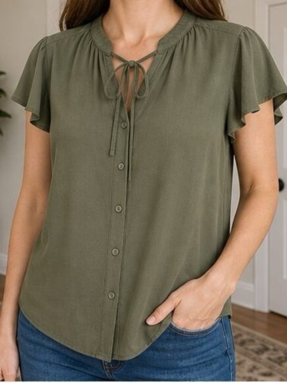 Olive Tie-Neck Button Front Blouse - Women's Top - Picture 2 of 6